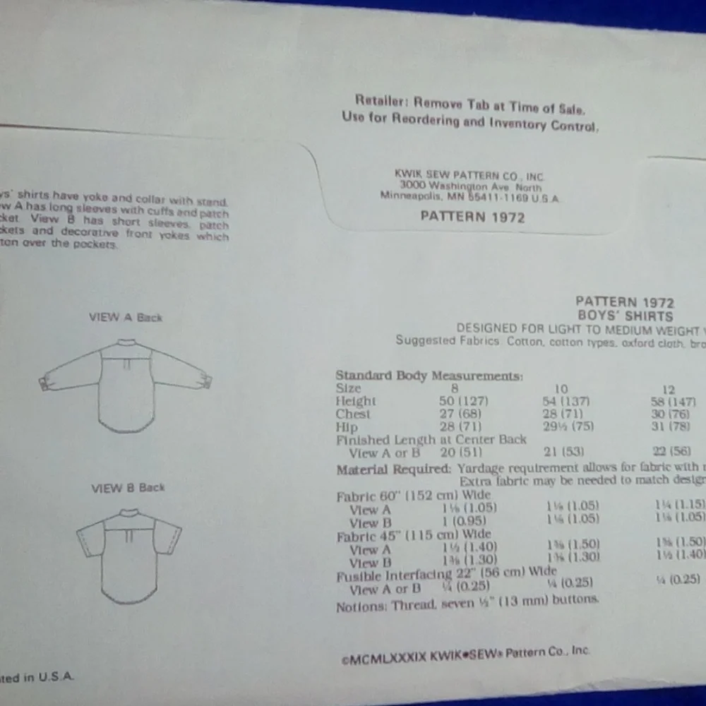 Kwik Sew 1972 Boy's Button Down Shirt Sz 8-14